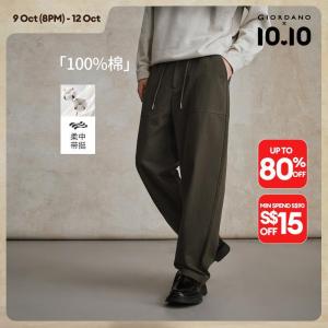 Giordano Men Cotton Drawstring Semi-Elastic Waist Workwear Twill Pants Free Shipping 18115708