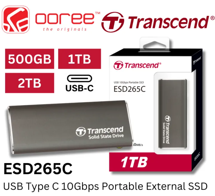 TRANSCEND EXT SSD ESD265C USB-C 10GBPS EXTERNAL PORTABLE SSD SOLID STATE DRIVE WITH 3D NAND FLASH - 500GB / 1TB / 2TB