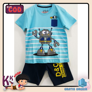 Baju Anak Laki Laki / Kaos Anak Setelan Lengan Pendek Motif Robot Salur Blue 1 - 10 Tahun