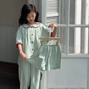 Girls Summer Ice Silk Short Sleeve Loungewear Set with Doll Collar for Home Outdoor and Air Conditioning Wear2026