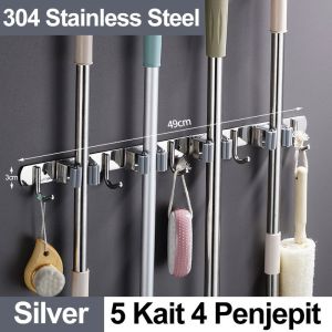 Mop Broom Hanger 6 Hooks 5 Clips Stainless Steel Mop Broom Stainless Steel 304 Mop Broom Hanger Mop Rack Bolt Free