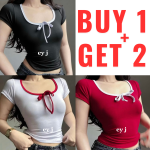 BUY 1 + GET 2 FREE (3PCS) Snarlet Ribbon Square Neck Plunging Short Sleeve Women Basic Casual Top Womenswear Comfortable