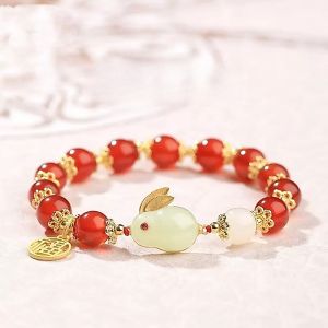 Lucky Jade Rabbit Bracelet Transfer Beads Jade Bunny Rabbit Bracelets with FU Pendant Yutu Bracelet