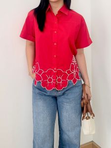 SJM KEMEJA BORDIR BUNGA BAHAN KATUN POPLIN NATALAN MERAH HIJAU LENGAN PENDEK 8746