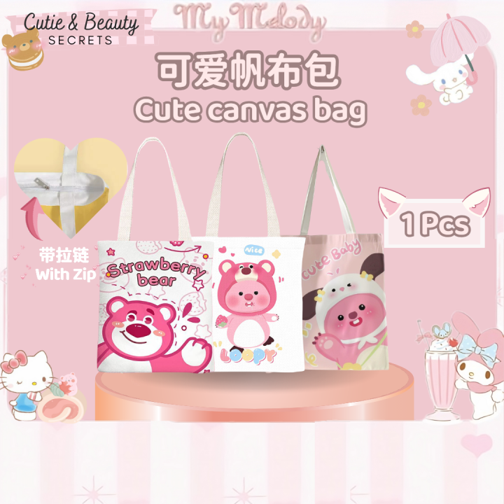 Cute Loopy Strawberry Bear Chiikawa Student Tuition Bag Tote Bag Cartoon Canvas Beg Shoulder School Bag Oxford Cloth Tuisyen Beg Murah Loopy小海狸草莓熊帆布单肩包大容量