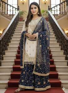 SUHAGAN REKHA WHITE BLUE SHARARA WITH EMBROIDERY SIZE S TO 2XL CODE AD218 7E pic25