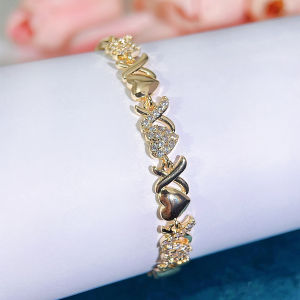 SEQUITO Fashion Golden Heart X Shape Pendant Bracelet Charm Sparkling Crystal Stone Gorgeous Hand Accessories for Daily Wear B337