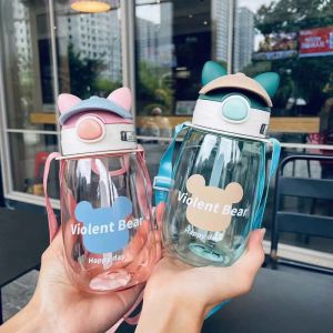 Botol Minum Anak Tali Model Topi Transparant Anti Tumpah 650ml Lucu Dan Aesthetic