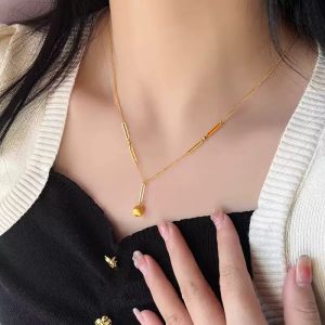GL 18K Gold Titanium Steel Frosted Little Gold Ball Temperament Necklace N8340