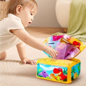 OUTOPEAN with Sensory Crinkle Paper Baby Tissue Box Toy Education Montessori Pulling Game Children Cloth Toys Cartoon Finger Exercising Baby Tearing Tissue Box 6-18 Month