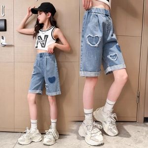 Shorts For Kids Girls Denim Five Quarter Shorts 2026 New Lightweight Heart Shaped Wide Leg Pants Suitable For Ages 2-16