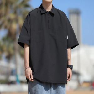 SINRANSINYA丨áo somi nam tay ngắn-Áo nam sơ mi ngắn tay phong cách và đẹp trai nửa khóa kéo kiểu Mỹ Áo sơ mi rộng tay có ve áo thường ngày