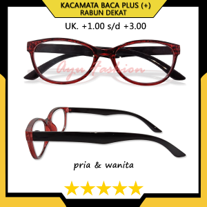PLus - Kacamata Plus Rabun Dekat +1.00 s/d +3.00 Untuk PRIA WANITA Gaya Korea Style Full Bingkai Oval Frame Merah Bening - COD
