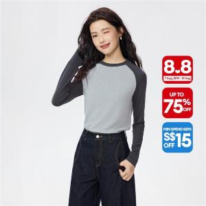Giordano Women Contrasting raglan sleeve crewneck rib tee Free Shipping 05325821