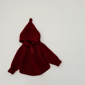 Baby clothes red sweater set for autumn and winter stylish hooded thick knitwear for boys and girls festive for the New Year
