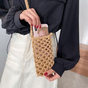 SMVU Mini Lightweight Female Small Fashion Women Crochet Knitting Purses Thread Weave Handbags Crossbody Phone Bag Woven Mobile Phone Bags Braided Shoulder Handbag