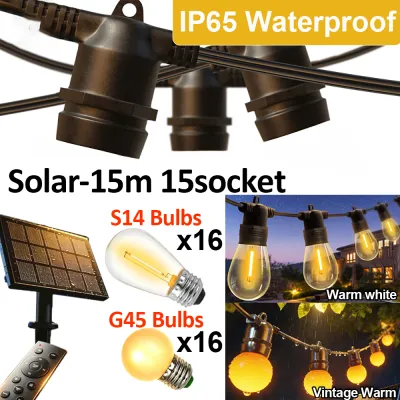 15m/20m Solar String Lights Outdoor Lights Waterproof Hanging Lights S14 G40 LED Solar Powered Patio Fairy Lights for Backyard Camping Christmas Decor Lights