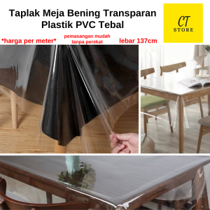 Taplak Meja Bening Transparan Meteran (Plastik PVC Tebal) untuk Meja Makan Anti Air/ Ruang Tamu Kotak Persegi Panjang / Table Runner