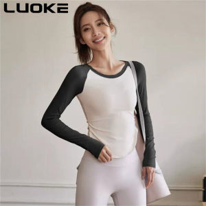 Luoke Pleated Contrast Yoga Shirt Long Sleeve Fast Running Training Sports Top Rope Skipping Riding Fitness T-Shirt