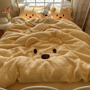 Lamb Wool Bedding Set Thickened Warm Milk Velvet Coral Fleece Winter Bed Sheet Duvet Cover Single Double Three-Piece Set LZD