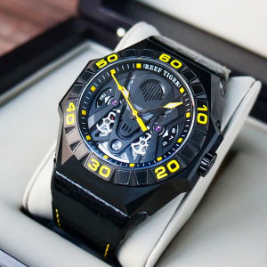 (OFFICIAL 3 Yrs WARRANTY) Reef Tiger/RT Men Sport Watches Automatic Mechanical Skeleton Watch All Black Waterproof Rubber Strap Relogio Masculino RGA6912