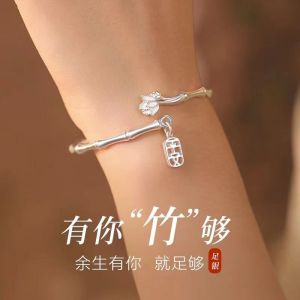 新中式竹节莲花纯银手镯S9999足银实心推拉银镯子礼物 Bamboo Lotus Sterling Silver Bracelet S999 Full Silver Solid Push-pull Silver Bracelet Gift