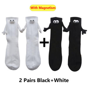 2 Pairs Magnetic Socks with Hands Women Men Fashion Black White Funny Cute Cartoon Eyes Couple Mid-tube Cotton Socks for Gifts