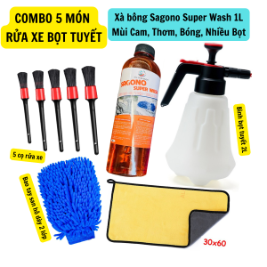 COMBO 5 BÌNH XỊT RỬA XE BỌT TUYẾT 2L + XÀ BÔNG SAGONO MÙI CAM + 5 CỌ LÔNG NHỰA + BAO TAY SAN HÔ 50G + KHĂN 3M 30X60
