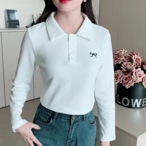 AMMIN Korean Style Simple Solid Color Button Polo Collar Design Long Sleeve Casual T-Shirt for Women Spring Autumn 2025 New Exquisite Bow Embroidery Design Elegant Blouse