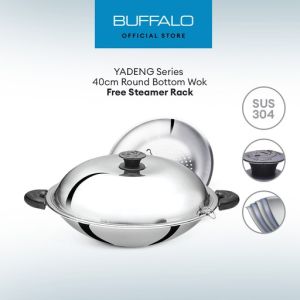 [Official Store] Buffalo 40cm YADENG Series S/S Round Bottom Wok BY01 (Free Steamer Rack )