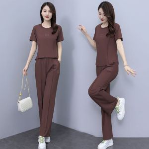 Fashion Sports Letter Set Womens Summer Quality Reduced Age Casual Straight Pants Two Piece Set