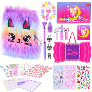 Charming Animal Plush Diary with Lock & Multi-Headed Pen Soft Cover Notebook Set for Girls - Pink with Heart & Butterfly Design Includes Random Stickers & Dotted Pages Perfect for Christmas Birthdays and Back-to-School Gifts School Supplies  Playfu