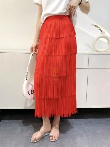 ✁ 8861 Average Size (45-70Kg) Summer Retro Style Five-Layer Fringe Loose High Elastic Non-Ironing High Waist Solid Color Stitching Pleated Skirt