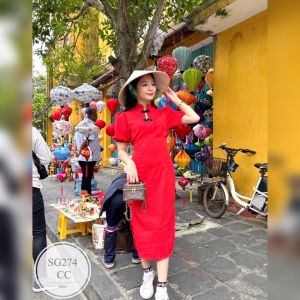 SS274 เดรสกี่เพ้า คอจีนแขนตุ๊กติดกระดุมดอกสีดำ ผ่าแหวกด้าน2ข้าง