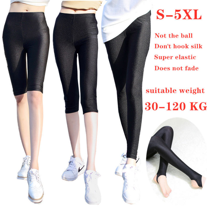 Ready Stock S-5XL Women Office Wear Work High Elastic Glossy Leggings  Female Plus Size Stretch Pencil Pants Black Skinny Trousers Ladies big size  long pant Spring Autumn Girl Thin Shorts Five-point Seven-point