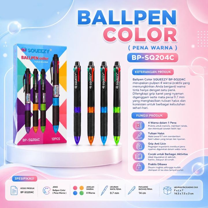 SQUEEZY%20Ballpoint%204%20Warna%200.7mm%20%7C%20Bolpoin%204%20in%201%20Multicolor%20%7C%20Ballpen%204%20Warna%201%20Pak%20Isi%2012%20Pcs%20Sekolah%20&%20Kantor%20%7C%20BP-SQ204C%20-%20Image%202