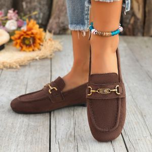 Plus Size WomenS Loafers 2026 New Solid Color Fashion Casual Metal Buckle Slip-On Shoes For Women