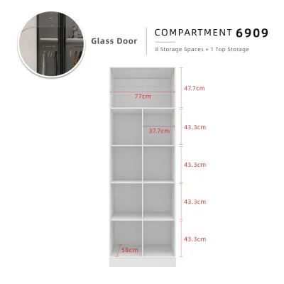 (FREE Shipping & FREE Installation) KitchenZ 2.6x8FT Glass/Wooden Melamine Swing Door Wardrobe Multiple Storage w/ Drawers Metal Handle w/ Hanging Rods Almari Baju
