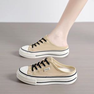 [Free Shipping] Thin Casual Canvas Shoes For Women 2026 Summer New Korean Style Thick-Soled Slip-On Breathable Casual Versatile Half Slippers