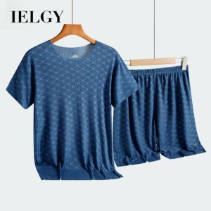 IELGY Summer Mens Home Clothes Printed Ice Silk T-Shirt Shorts Thin suit