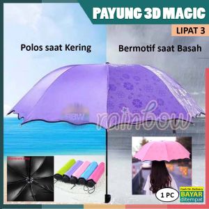 rainbow - 1 PC Payung 3D Lipat BONUS SARUNG PAYUNG Magic Umbrella 3D Payung Lipat 3 Payung 3 Dimensi Polos Jika kering Motif jika Basah Payung Ajaib - Warna Acak