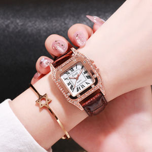 Trái Cây Sao⭐Đồng hồ nữ pha lê vuông thanh lịch với chữ số La Mã vỏ vàng hồng và dây đeo PU thiết kế thạch anh