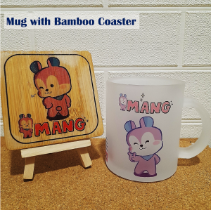PERSONALIZED BTS BT21 Real Mang Frosted Glass Mug with Bamboo Lid and Coaster