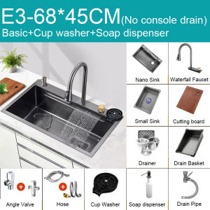 Digital Display Stainless Kitchen Sink heavy duty lababo kitchen sink Waterfall with Honeycomb Embossed Booster Faucet Large Countertop Basin