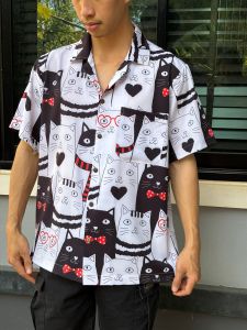 เสื้อเชิ้ตฮาวาย วินเทจ ผ้าไหมอิตาลี ลายแมว F49