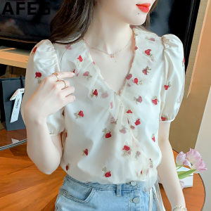 AFEG new Korean version V-neck short bow fashion loose embroidered chiffon stitching mesh short sleeve blouse