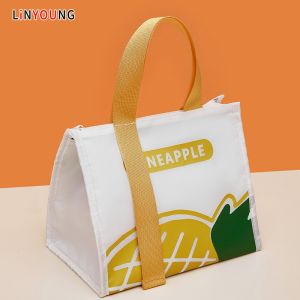 Linyoung ซิปน้ำหนักเบากระเป๋าใส่ข้าวกลางวันลายพิมพ์น่ารักกระเป๋าใส่เบนโตะด้านในฟิล์มอะลูมิเนียมกระเป๋าอาหารกลางวันพกพาได้ทุกวัน