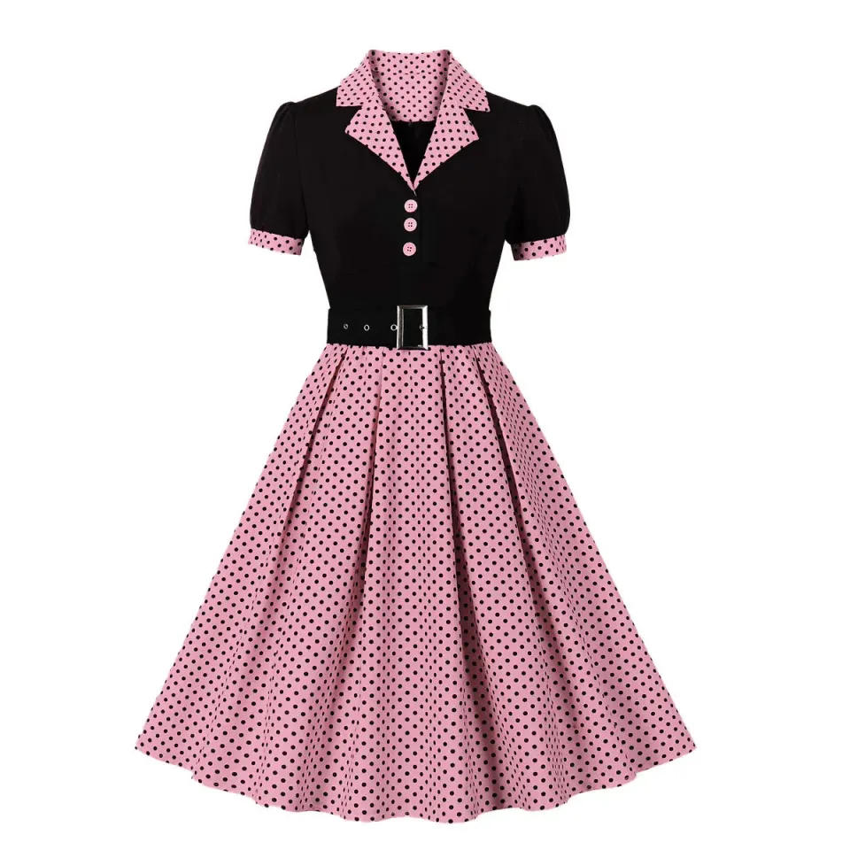 2025 new fashion polka dot vintage pleated dresses r hollow collar - Main Image