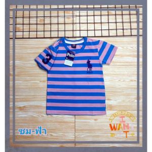 😚เสื้อเด็กโต เด็กอ้วน    เสื้อยืดโปโลลายริ้วปักม้าเสื้อคอกลม