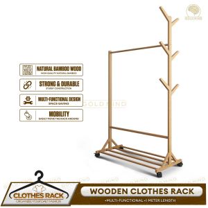 Multi-Functional Clothes Rack Natural bamboo Wood Coat Stand Shoe Storage Bags Hat Belt Organizer w/ Wheels